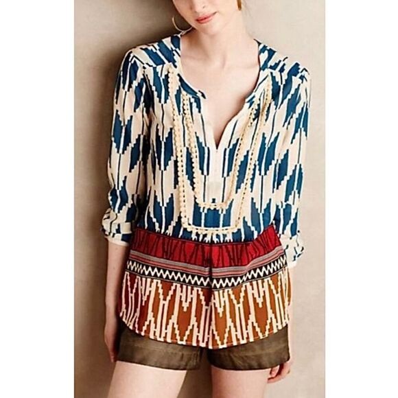 Maeve x Anthropologie Blue &‎ White Rohana Ikat Blouse Size 4 - Picture 1 of 8